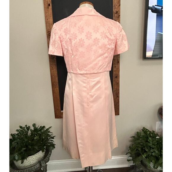 Vintage 50s Pink Satin Dress Bolero Set L Floral Brocade Cocktail Party Formal - Picture 6 of 16
